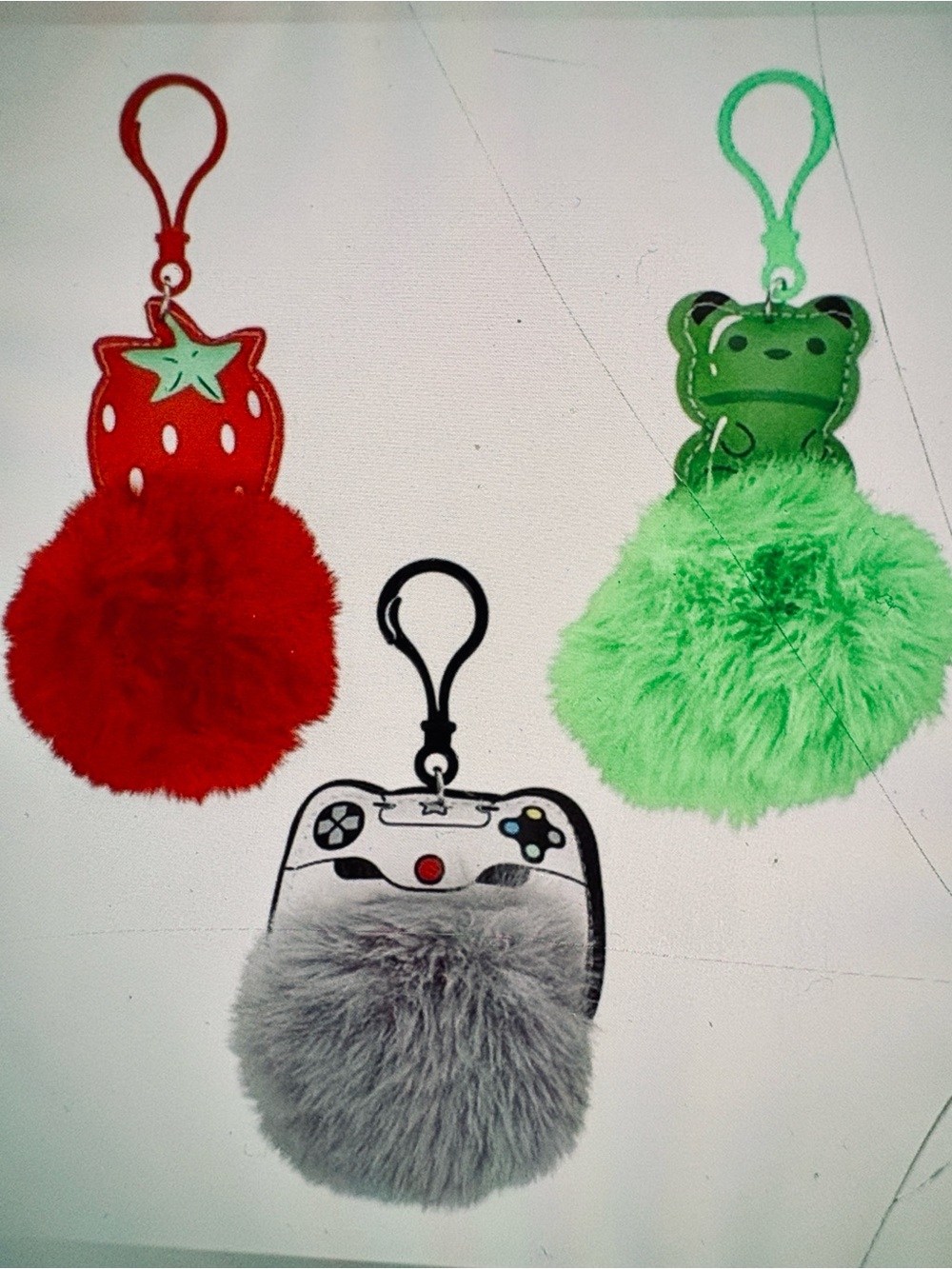 Fuzzy Pom Keychain Choose 1 Bag Charm Strawberry Green Bear Game controller New